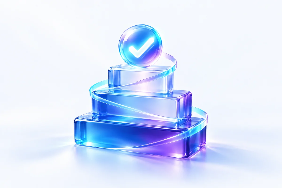 Blue glass steps leading to a checkmark orb